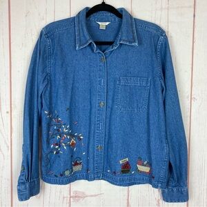 CJ Banks M Medium Denim Shirt Embroidered Fall Novelty Apples Pumpkins Autumn